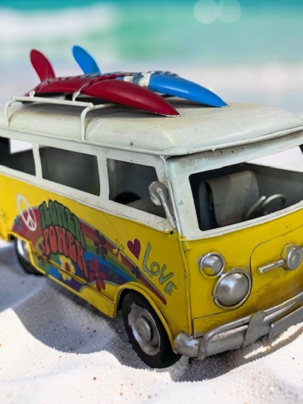 Yellow Tin Vintage Flower Power Hippie Surfer Van Metal VW Camper Decor